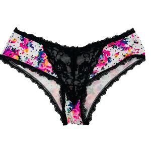 Smart & Sexy Bold Floral Print Black Lace Tanga Panty Womens Size Large